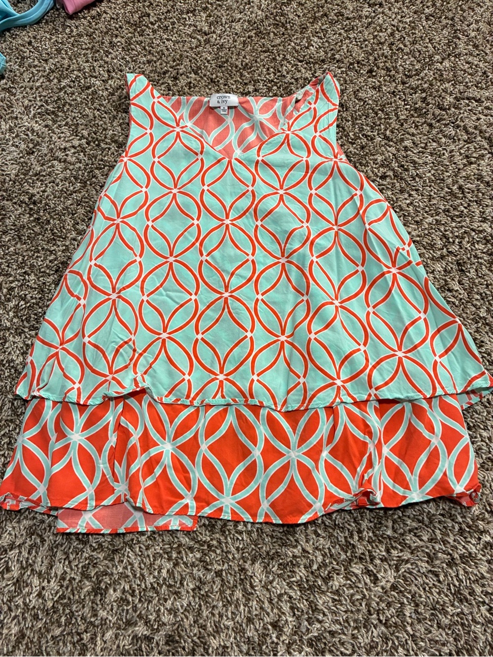 crown & ivy Coral and Aqua Geo Tiered High-Low Skirt
